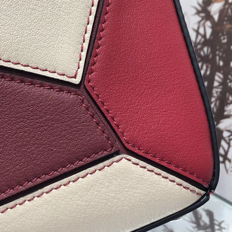 LOEWE Puzzle Two-Tone Burgundy Cream Leather Handbag - Image 5