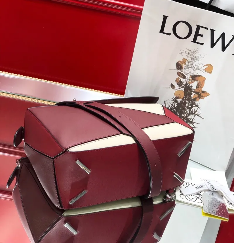 LOEWE Puzzle Two-Tone Burgundy Cream Leather Handbag - Image 6