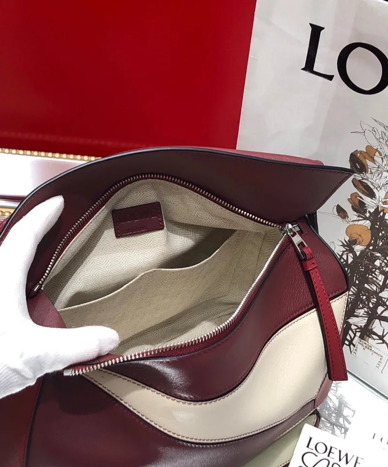 LOEWE Puzzle Two-Tone Burgundy Cream Leather Handbag - Image 8