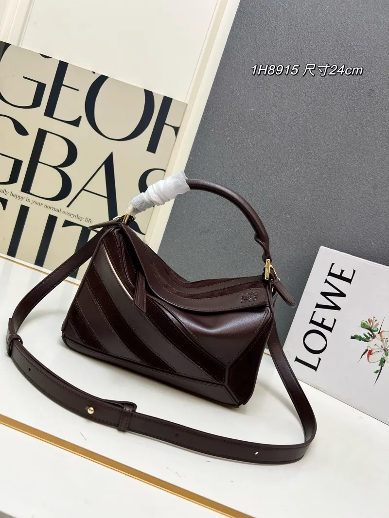 LOEWE 1H8915 Dark Brown Leather Handbag 24cm