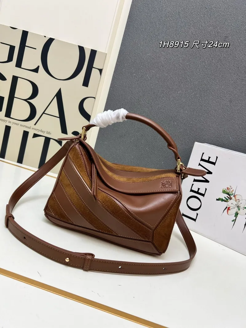 LOEWE 1H8915 Brown Leather Suede Handbag 24cm