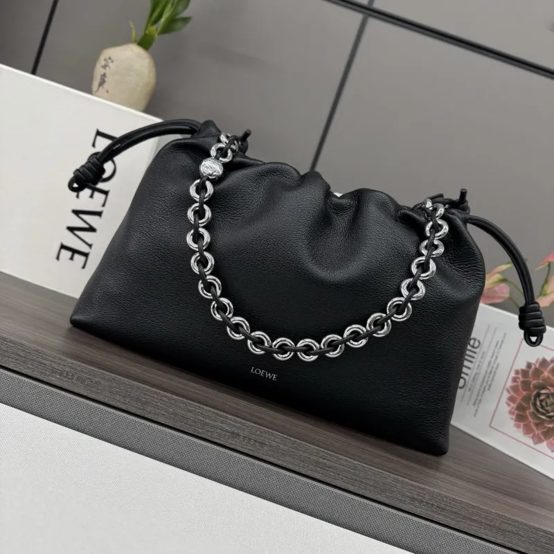 LOEWE Black Leather Chain Drawstring Handbag