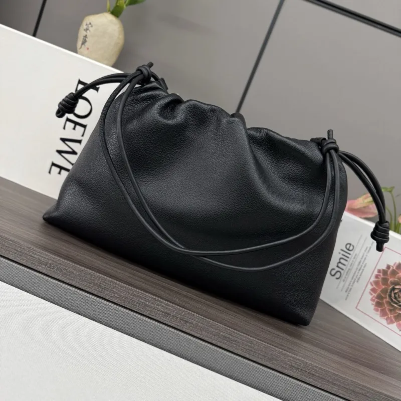 LOEWE Black Leather Chain Drawstring Handbag - Image 3