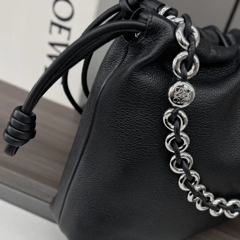 LOEWE Black Leather Chain Drawstring Handbag - Image 6