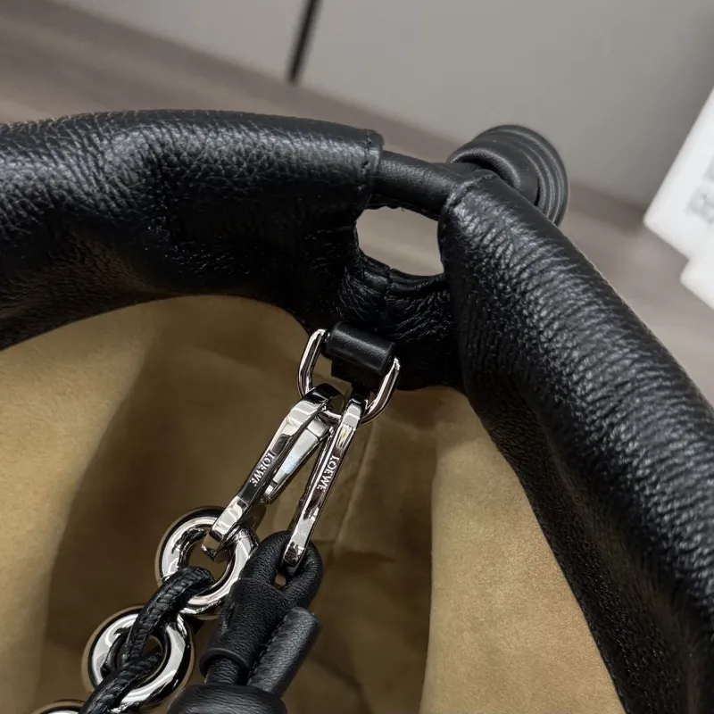 LOEWE Black Leather Chain Drawstring Handbag - Image 7