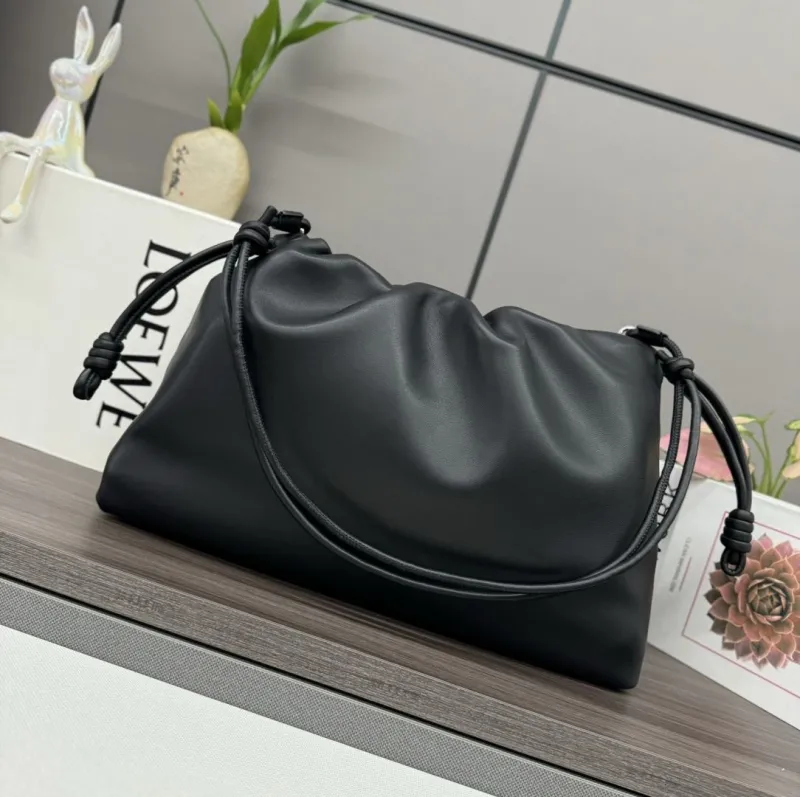 LOEWE Black Leather Chain Drawstring Bag - Image 3