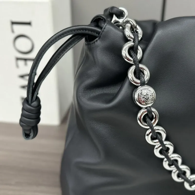 LOEWE Black Leather Chain Drawstring Bag - Image 6
