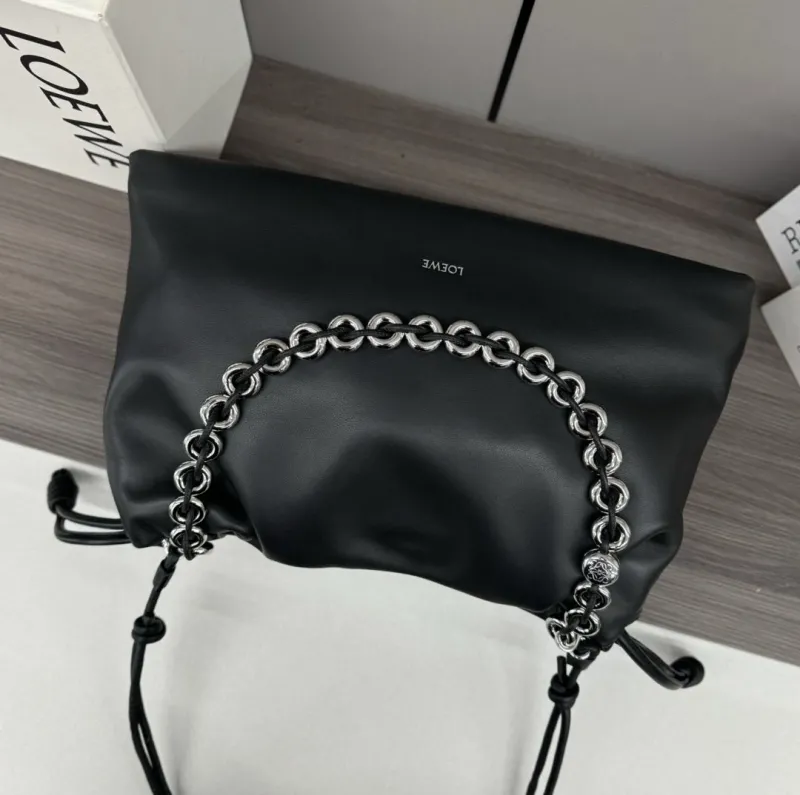 LOEWE Black Leather Chain Drawstring Bag - Image 7