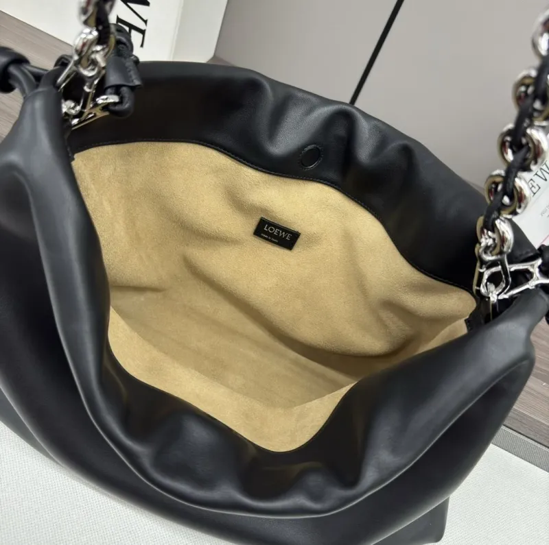 LOEWE Black Leather Chain Drawstring Bag - Image 8