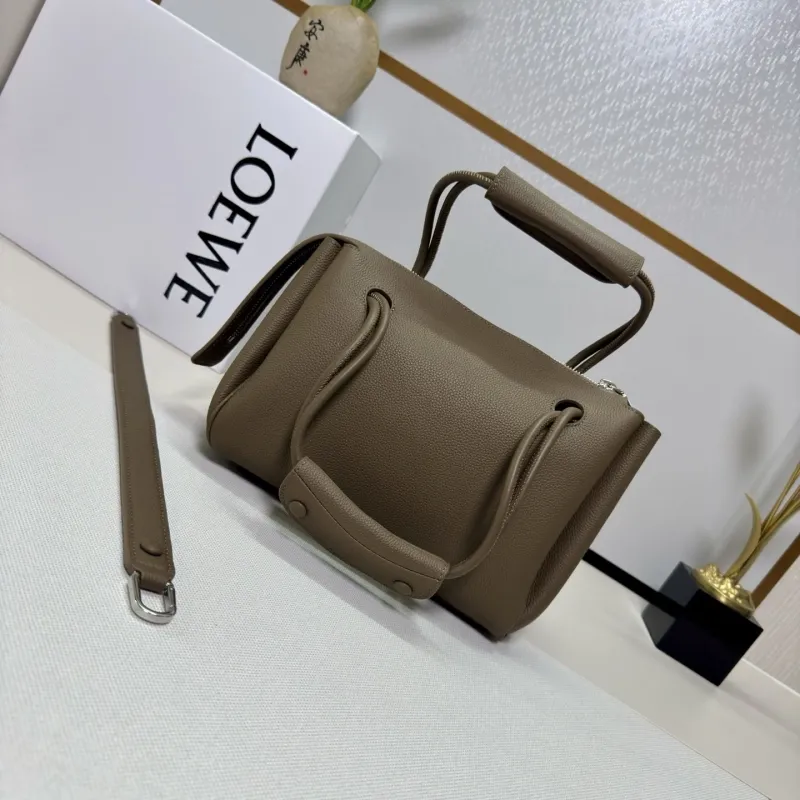 LOEWE 255 Taupe Leather Top Handle Handbag with Strap - Image 3