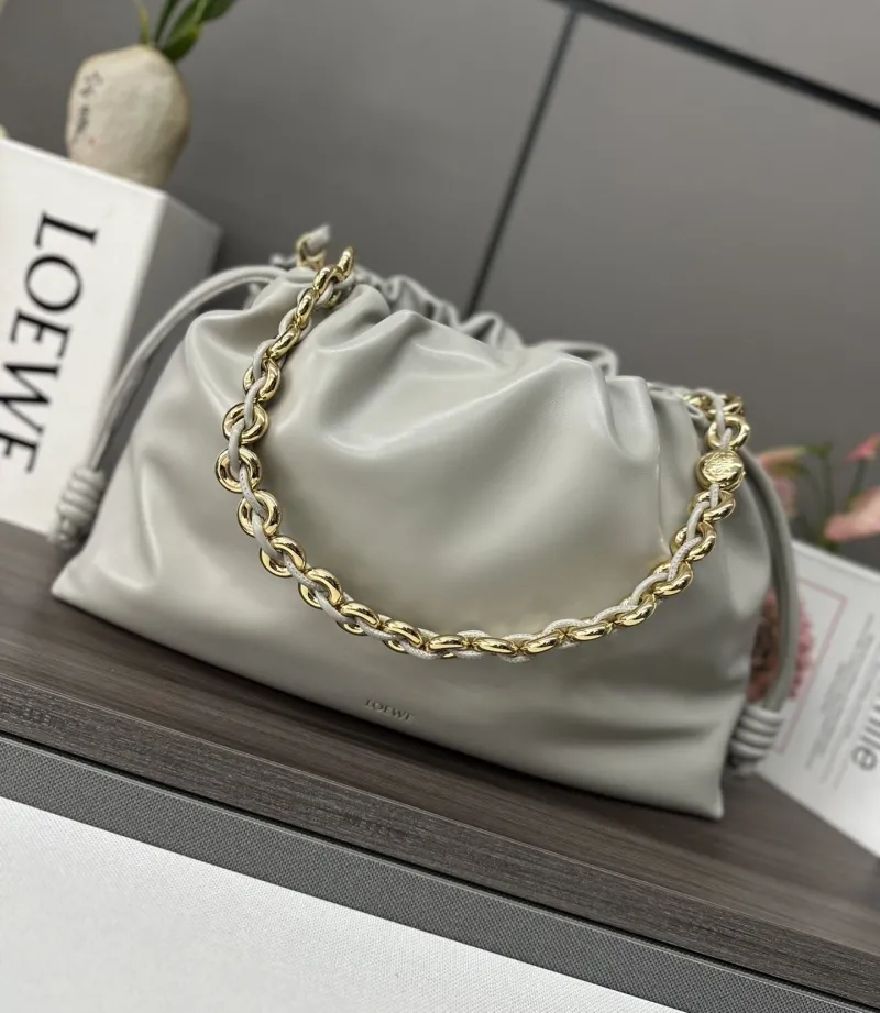 LOEWE Light Gray Drawstring Chain Bucket Bag