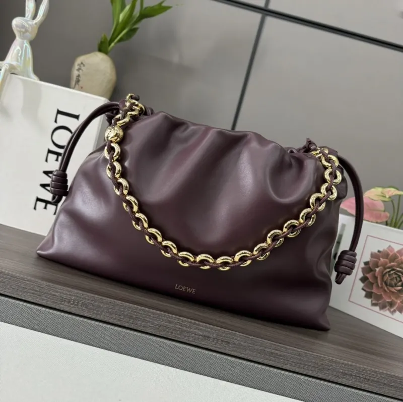 LOEWE Plum Leather Chain Drawstring Pouch Bag