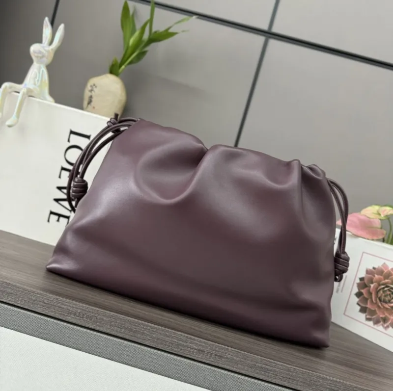 LOEWE Plum Leather Chain Drawstring Pouch Bag - Image 3