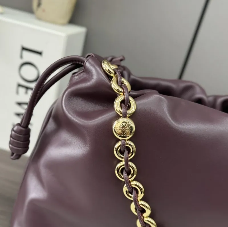 LOEWE Plum Leather Chain Drawstring Pouch Bag - Image 6