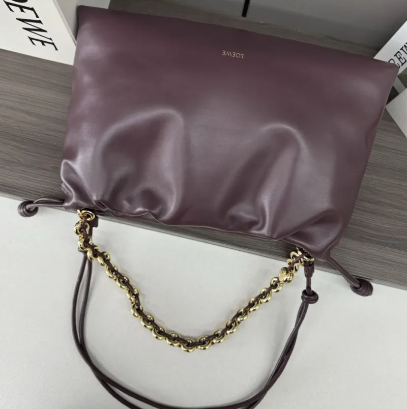 LOEWE Plum Leather Chain Drawstring Pouch Bag - Image 7