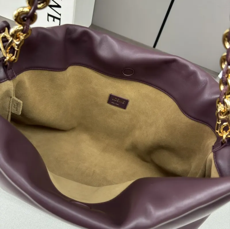 LOEWE Plum Leather Chain Drawstring Pouch Bag - Image 9