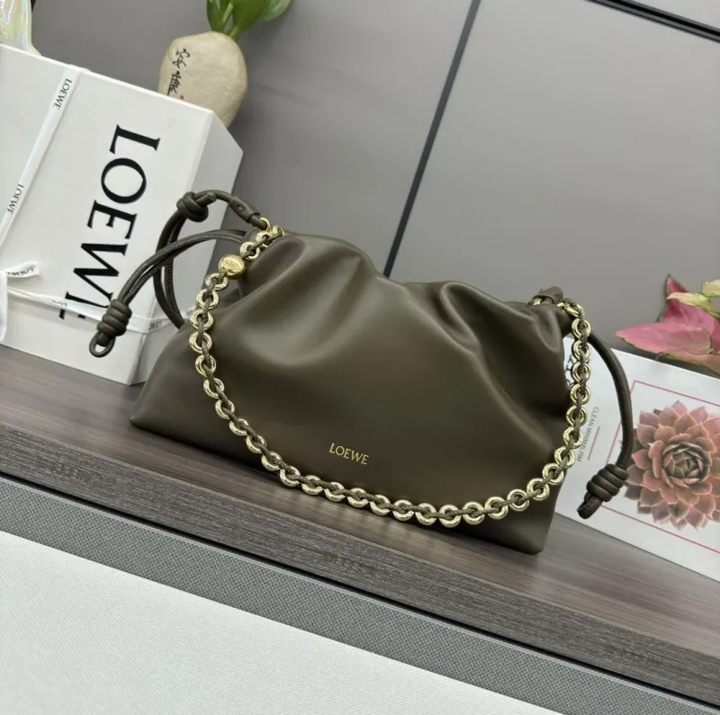 LOEWE Olive Leather Drawstring Shoulder Bag