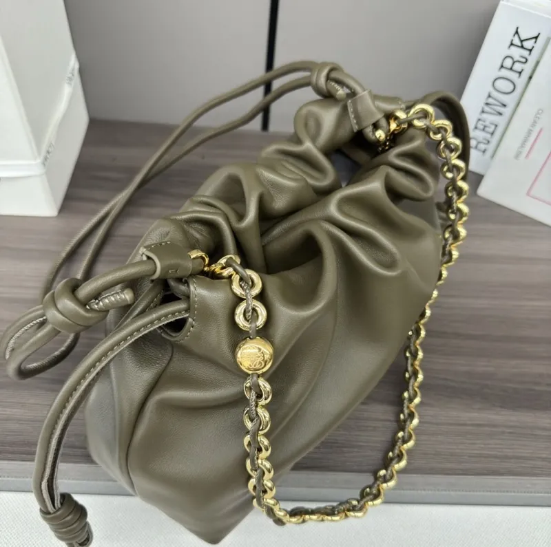 LOEWE Olive Leather Drawstring Shoulder Bag - Image 6