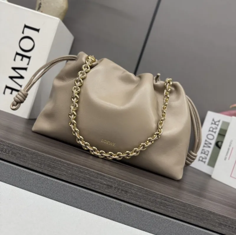 LOEWE Beige Drawstring Chain Pouch Bag 261