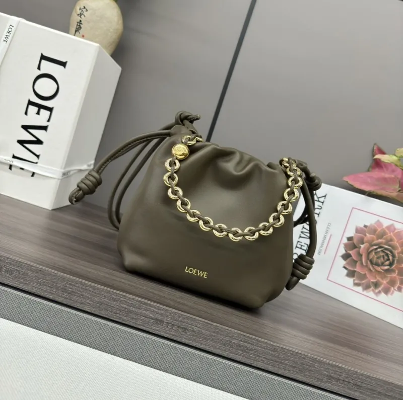 LOEWE Dark Taupe Chain Drawstring Bucket Bag SKU 267