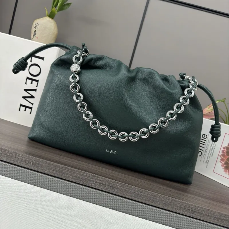 LOEWE Dark Green Leather Chain Drawstring Handbag