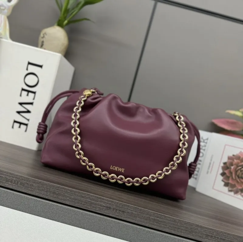 LOEWE Burgundy Leather Drawstring Bucket Bag 353