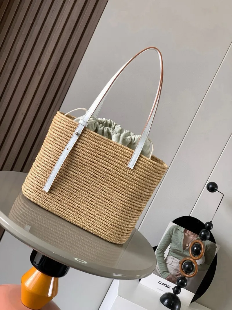 LOEWE Raffia Woven Tote Bag 366 with White Leather Accents - Image 4