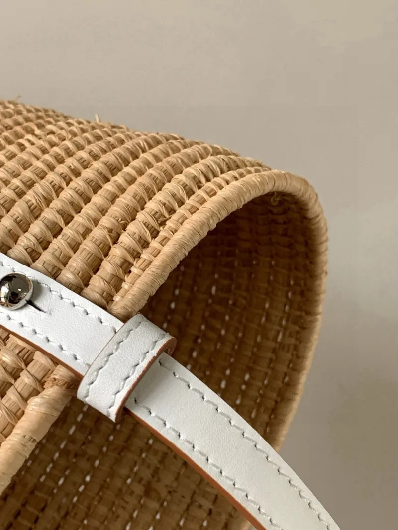 LOEWE Raffia Woven Tote Bag 366 with White Leather Accents - Image 7