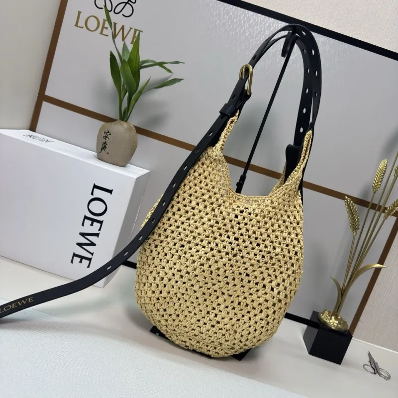 LOEWE Natural Straw Hobo Bag with Black Leather Strap