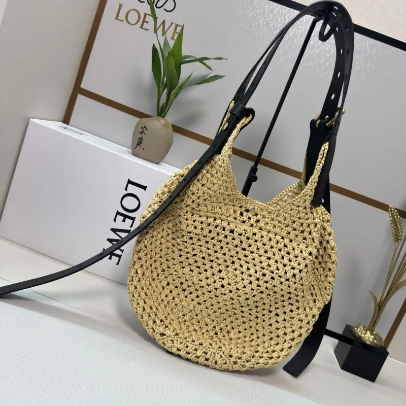 LOEWE Natural Straw Hobo Bag with Black Leather Strap - Image 3