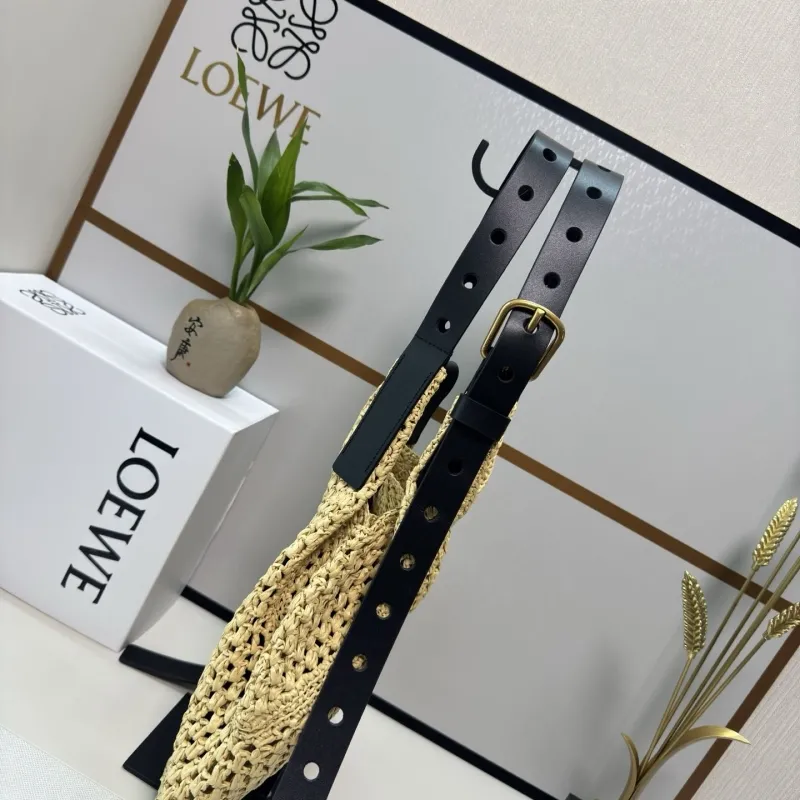 LOEWE Natural Straw Hobo Bag with Black Leather Strap - Image 4
