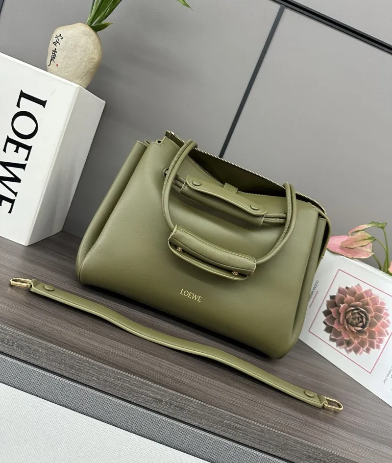 LOEWE Olive Green Leather Handbag 398 with Strap