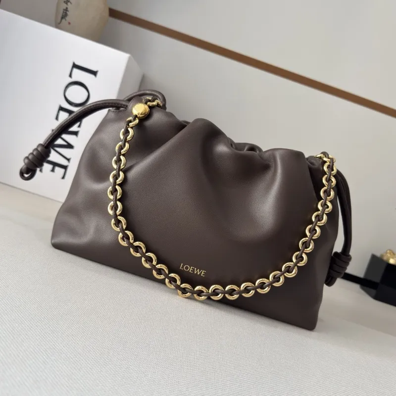 LOEWE Brown Leather Chain Drawstring Bag