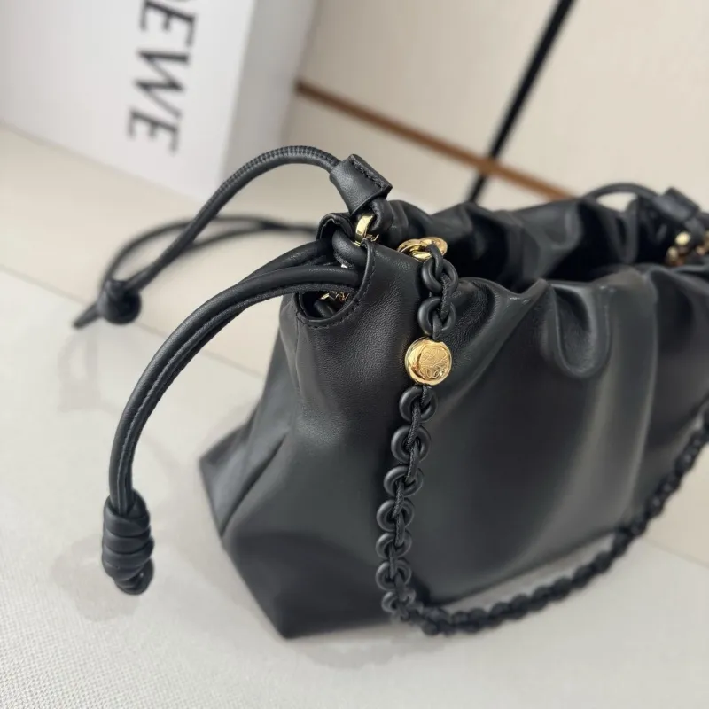 LOEWE Black Leather Chain Drawstring Handbag - Image 6