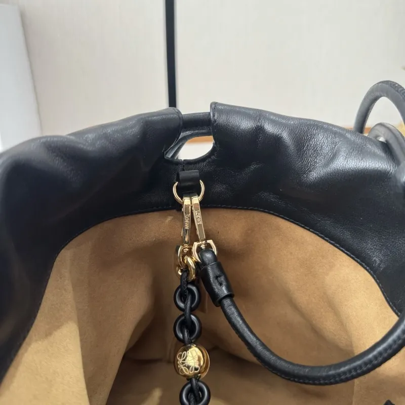 LOEWE Black Leather Chain Drawstring Handbag - Image 7