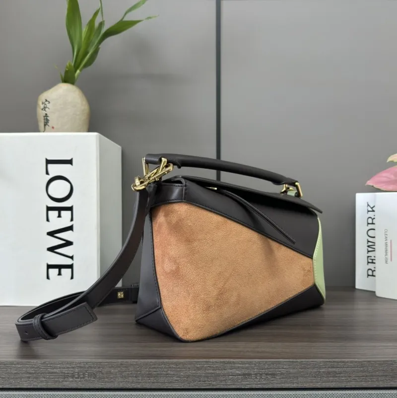 Alternative view of Loewe Puzzle Shoulder Bag Brown Green Suede Leather 443