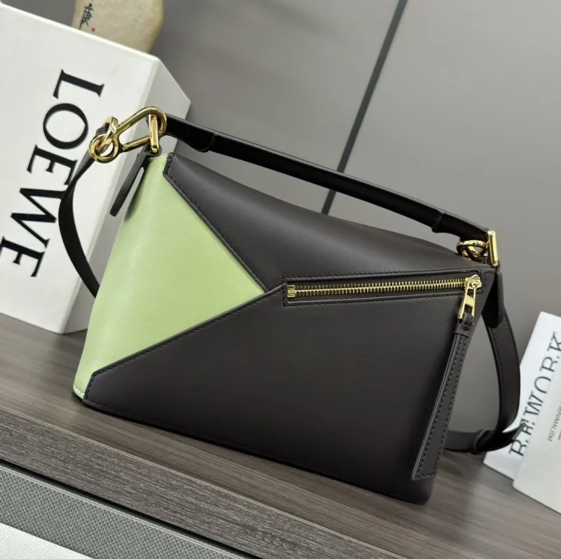 Loewe Puzzle Shoulder Bag Brown Green Suede Leather 443 - Image 3