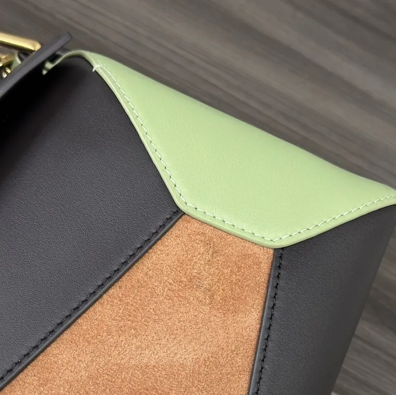 Loewe Puzzle Shoulder Bag Brown Green Suede Leather 443 - Image 6