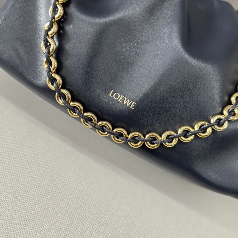 LOEWE Black Leather Chain Drawstring Handbag - Image 6