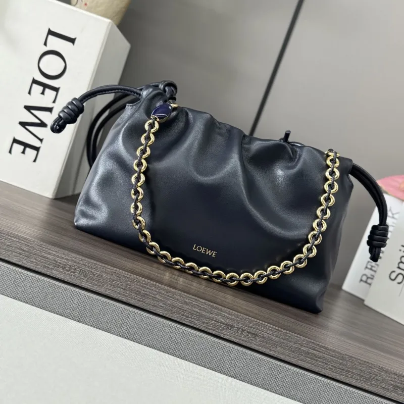 LOEWE Black Leather Chain Drawstring Handbag