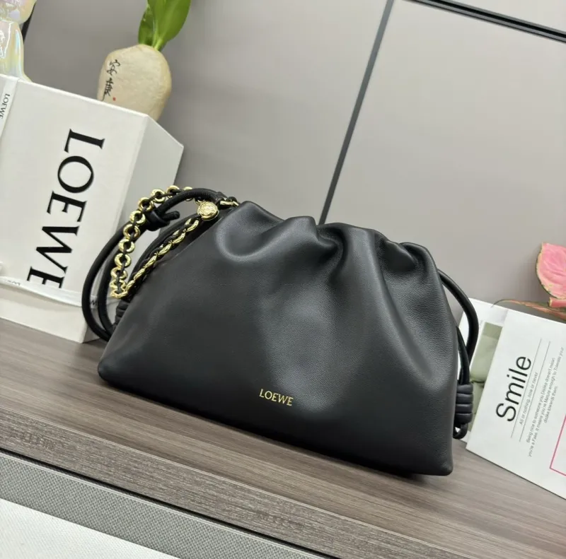 LOEWE Black Leather Chain Drawstring Handbag