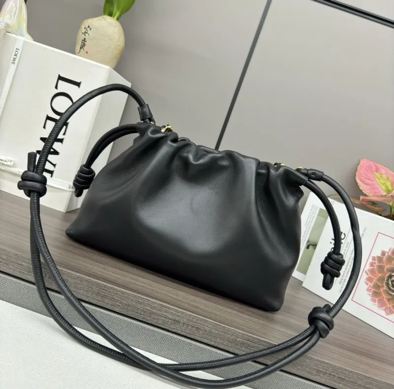 LOEWE Black Leather Chain Drawstring Handbag - Image 3