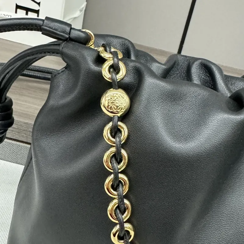 LOEWE Black Leather Chain Drawstring Handbag - Image 4