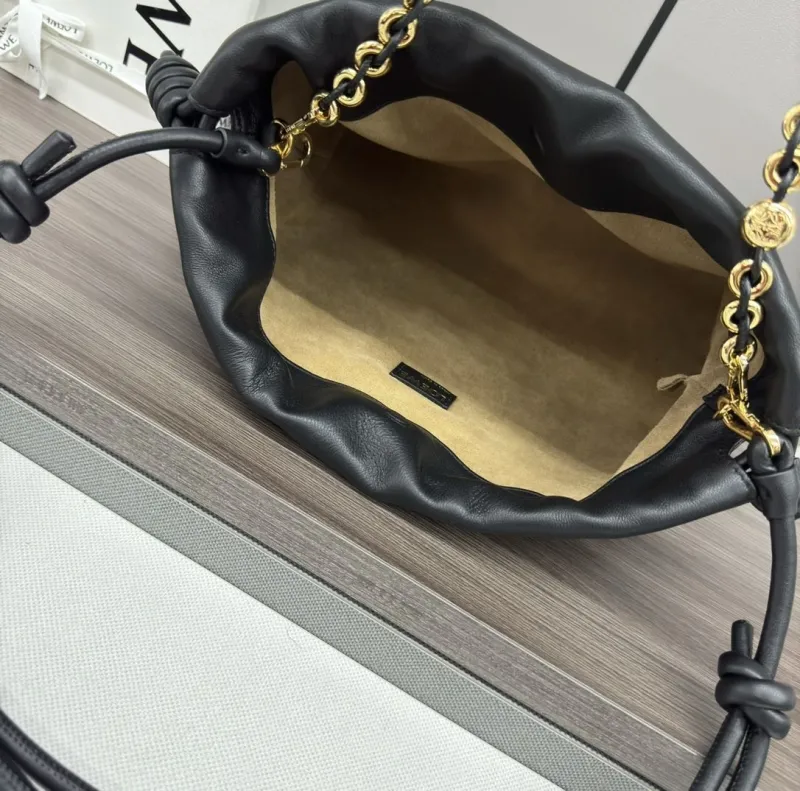 LOEWE Black Leather Chain Drawstring Handbag - Image 5