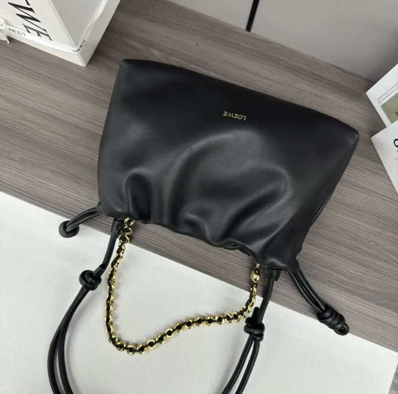 LOEWE Black Leather Chain Drawstring Handbag - Image 8