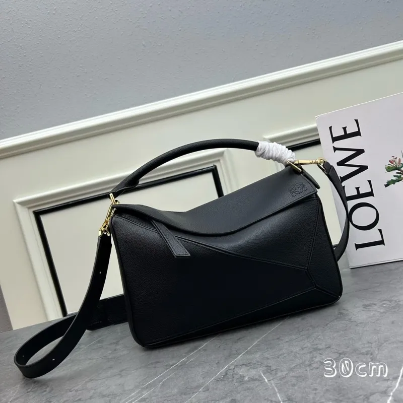 LOEWE Black Puzzle Leather Shoulder Bag 30cm