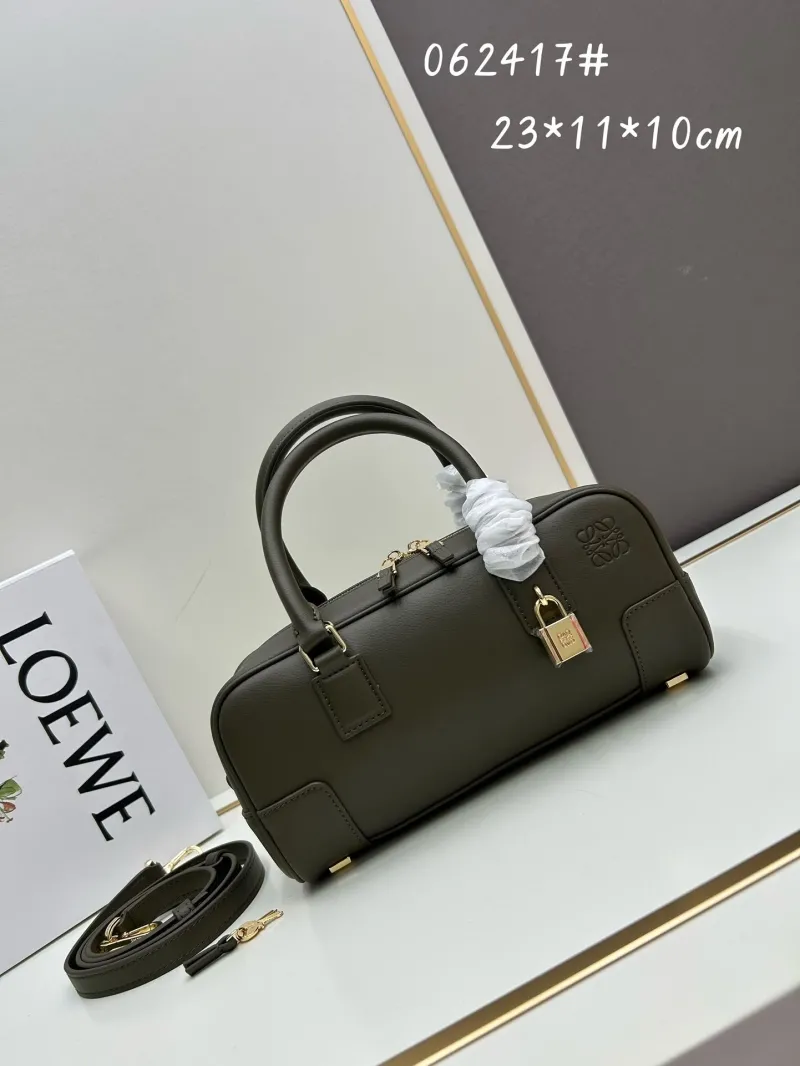 LOEWE Olive Green Leather Handle Handbag 062417 23x11x10cm
