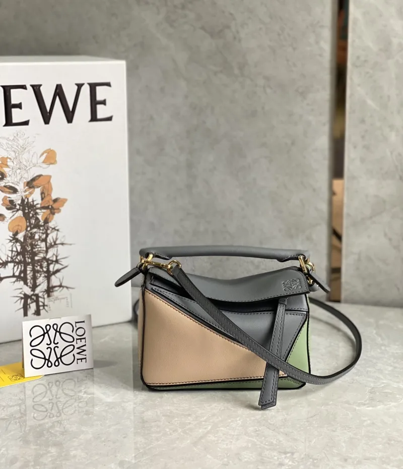 LOEWE Mini Puzzle Leather Handbag Gray Beige Green SKU 738