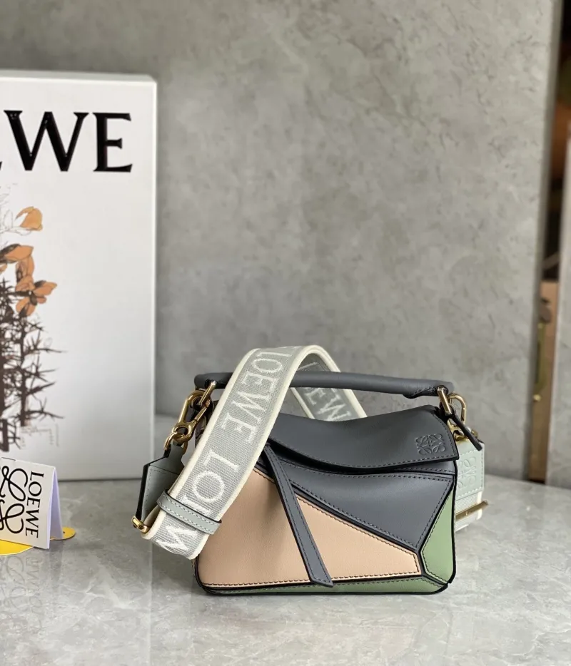 LOEWE Mini Puzzle Leather Handbag Gray Beige Green SKU 738 - Image 5