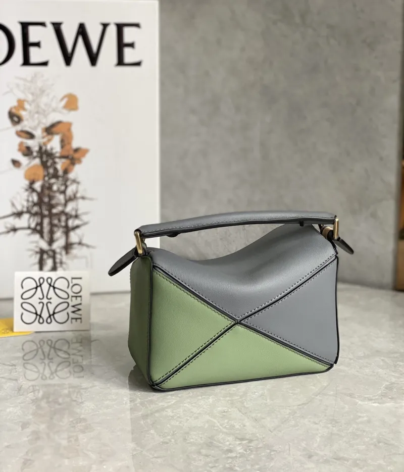 LOEWE Mini Puzzle Leather Handbag Gray Beige Green SKU 738 - Image 6